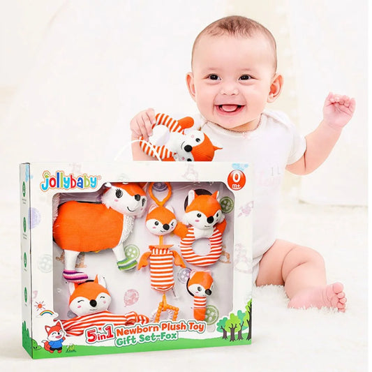 (YRLH5-FX)   Newborn Baby Gift Set - 5-Pack Baby Toy Gift Box With Baby Cloth Book And Baby Soothing Towel, Fox Style Wind Chime And Two Hand Toys