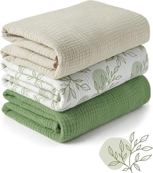 Babyomi Muslin Swaddle Blankets for Newborn, 3 Pack Breathable Soft Receiving Blanket, Large 39 x 39 inches Swaddle Wrap Burping Clothes, Essentials Infant Shower Items, Toddler Gift ,Green