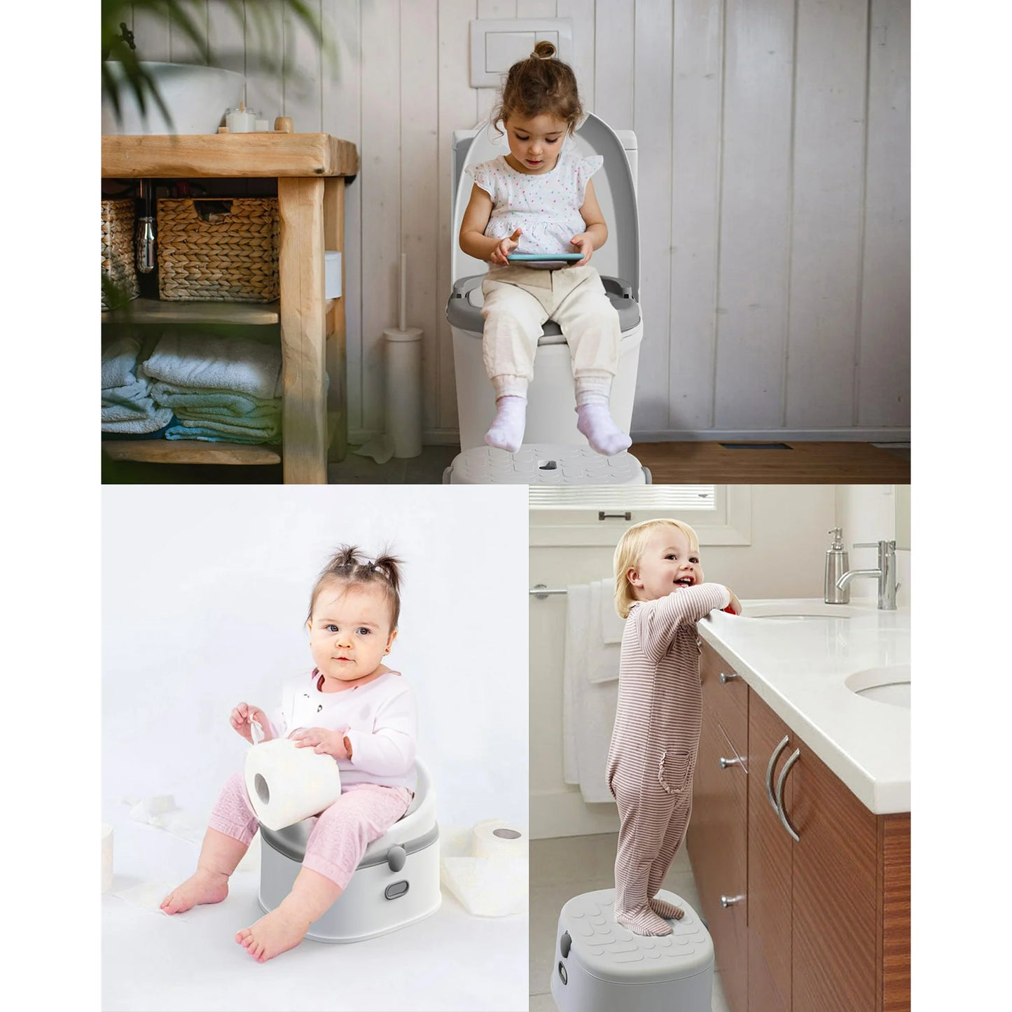 Babyomi 3 in-1 Potty Training Toilet with Standalone Potty & Potty Ring & Step Stool and Washable Liner and Lid,One-click Assembly, Easy to Clean,Grey&Pink