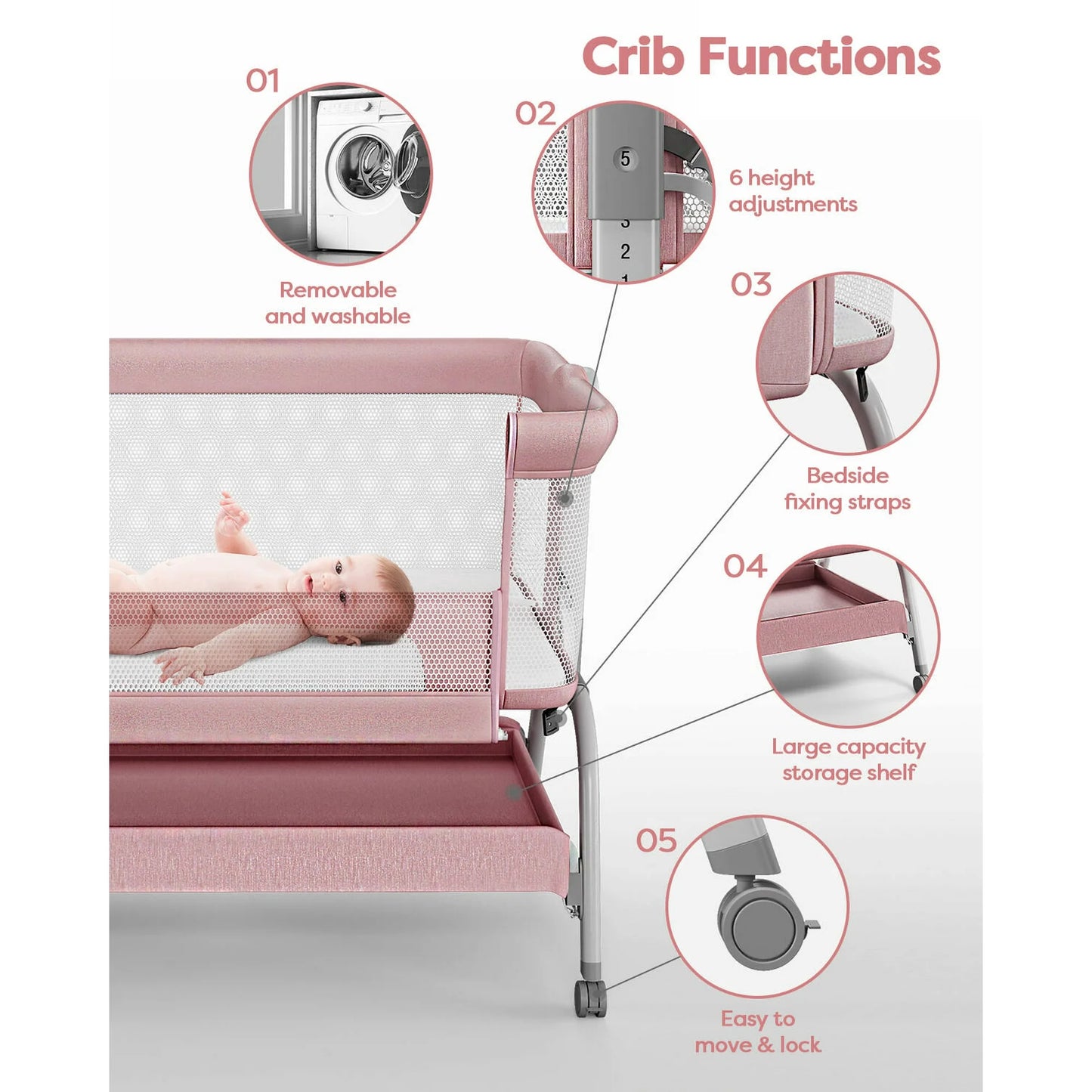 Babyomi 3 In 1 Baby Bassinet, Portable Playard With Storage Basket and Wheels, Adjustable Height Bassinet Bedside Sleeper, Easy Folding Portable Crib for Newborn, Pink,Grey&Black