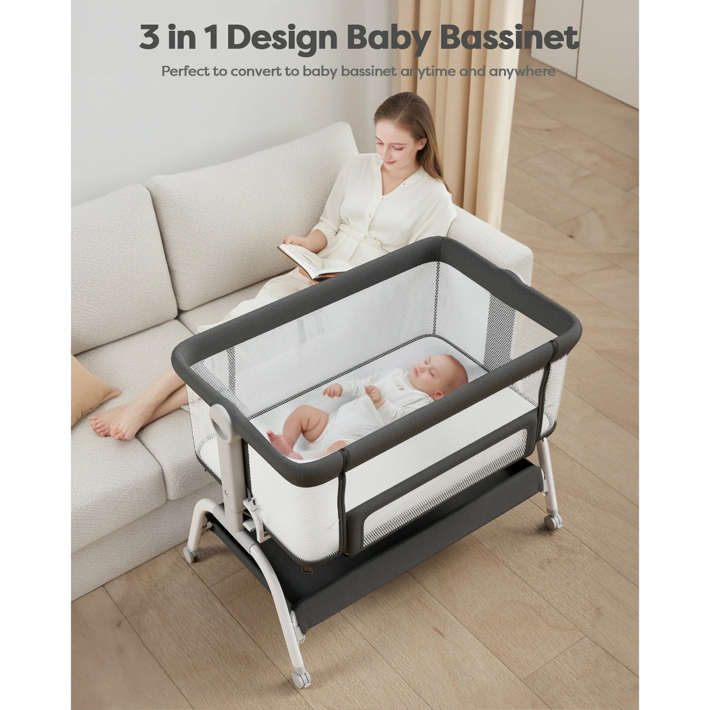 Babyomi 3 In 1 Baby Bassinet, Portable Playard With Storage Basket and Wheels, Adjustable Height Bassinet Bedside Sleeper, Easy Folding Portable Crib for Newborn, Pink,Grey&Black