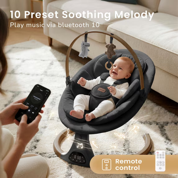 Babyomi Baby Swing with Auto Rocking, Adjustable Recline & Speed, Remote Control, Timer, Bluetooth Music, Toy Bar & Secure 5-Point Harness for Infants.
