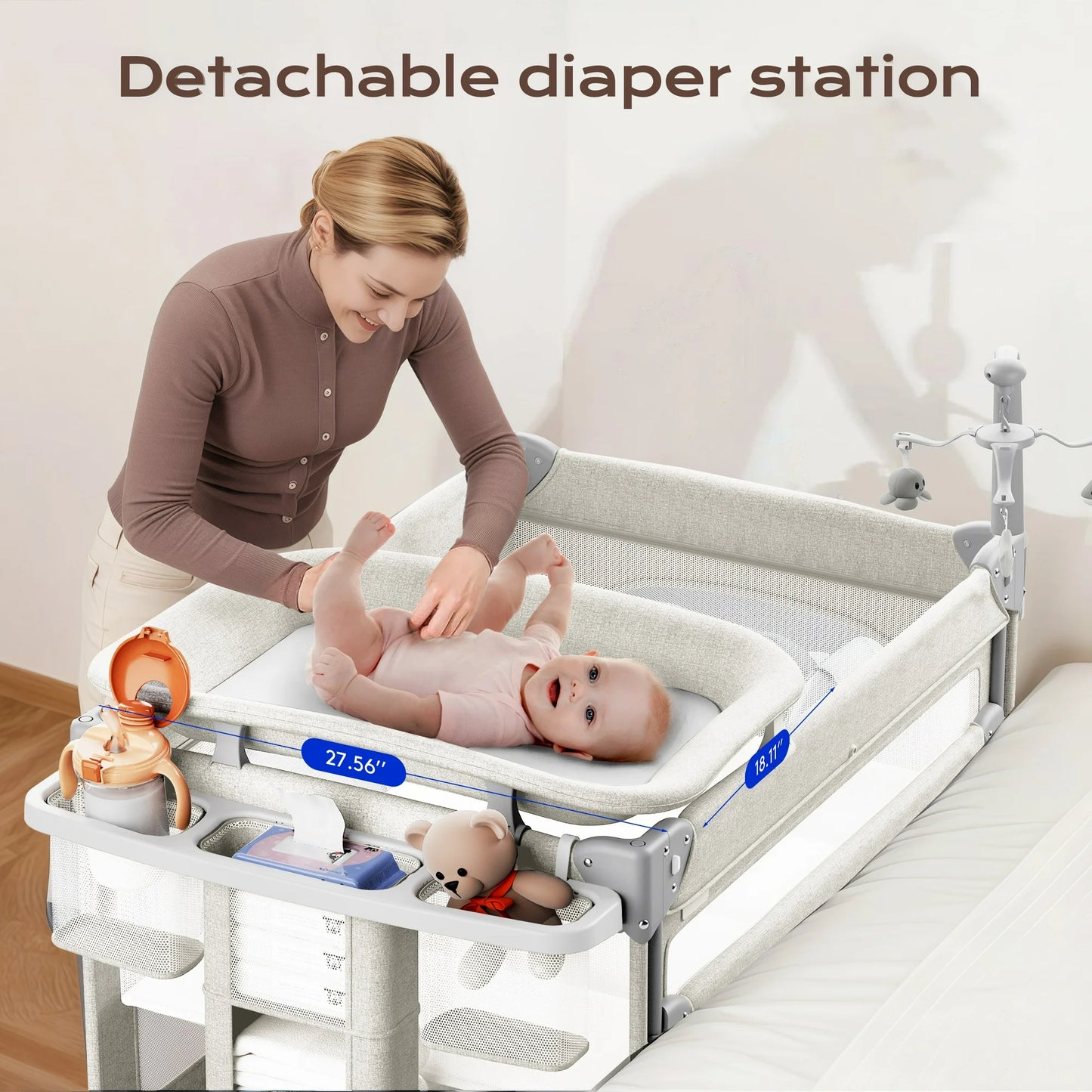 Babyomi Baby Bassinet with Changing Table, 5 in 1 Baby Bassinet Bedside Sleeper with Quick Collection Function and Storage Basket, Toys, Mosquito Net for 0-24 Months, Beige(1028))