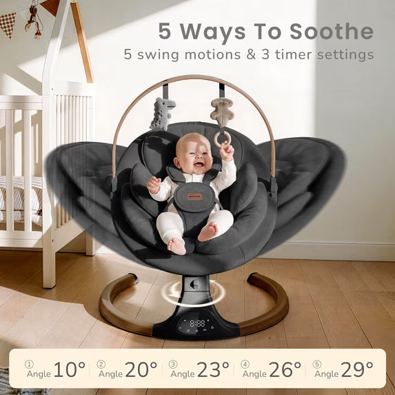 Babyomi Baby Swing with Auto Rocking, Adjustable Recline & Speed, Remote Control, Timer, Bluetooth Music, Toy Bar & Secure 5-Point Harness for Infants.
