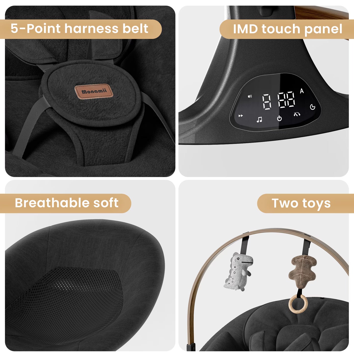 Babyomi Baby Swing with Auto Rocking, Adjustable Recline & Speed, Remote Control, Timer, Bluetooth Music, Toy Bar & Secure 5-Point Harness for Infants.