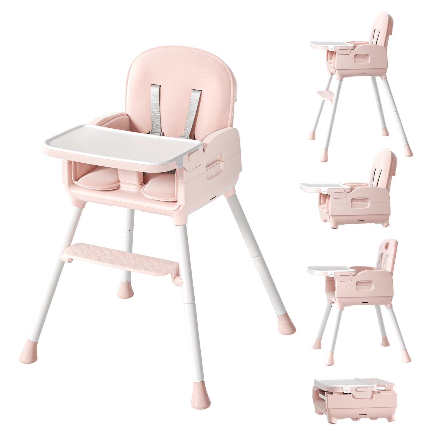 Babyomi 3-in-1 foldable Baby high chair, convertible highchairs for babies and toddlers with Adjustable Legs & Dishwasher Safe Tray, for6 months to 5 years old， Pink(1031)