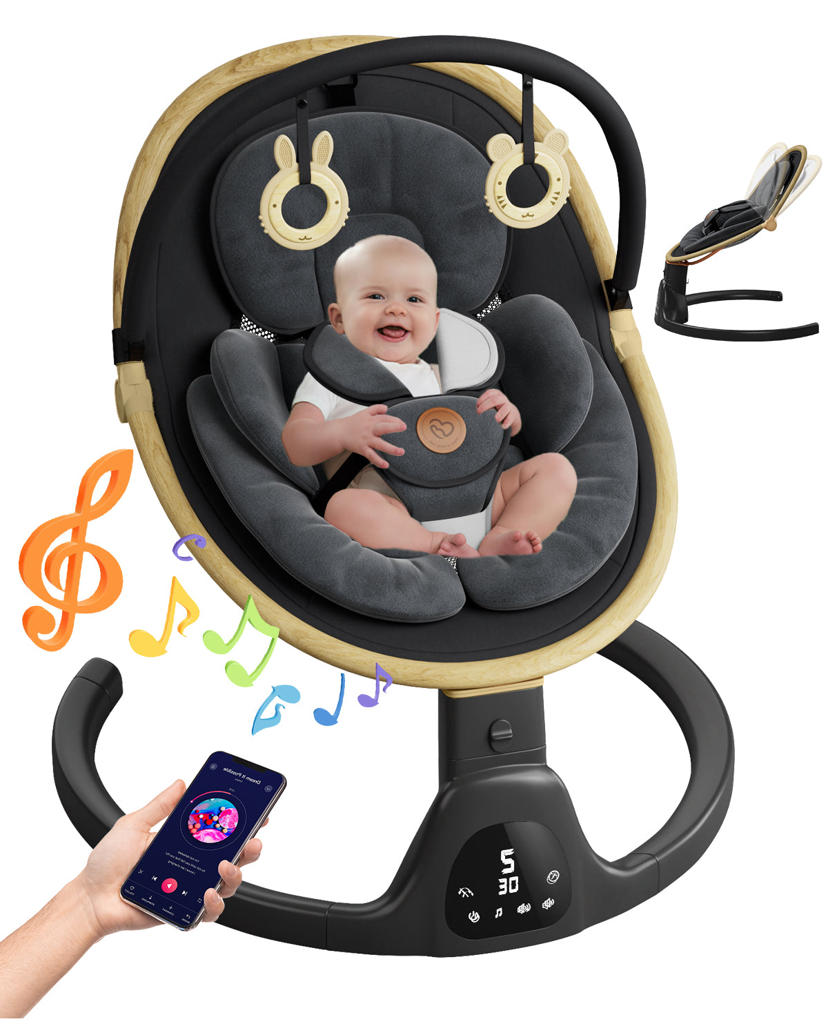 Baby Swing for Infants to Toddler Portable Babies Swing Timing Function 5 Swing Speeds Bluetooth Touch Screen Music Speaker with 10 Preset Lullabies 5-Point Carabiner White(BB2006))