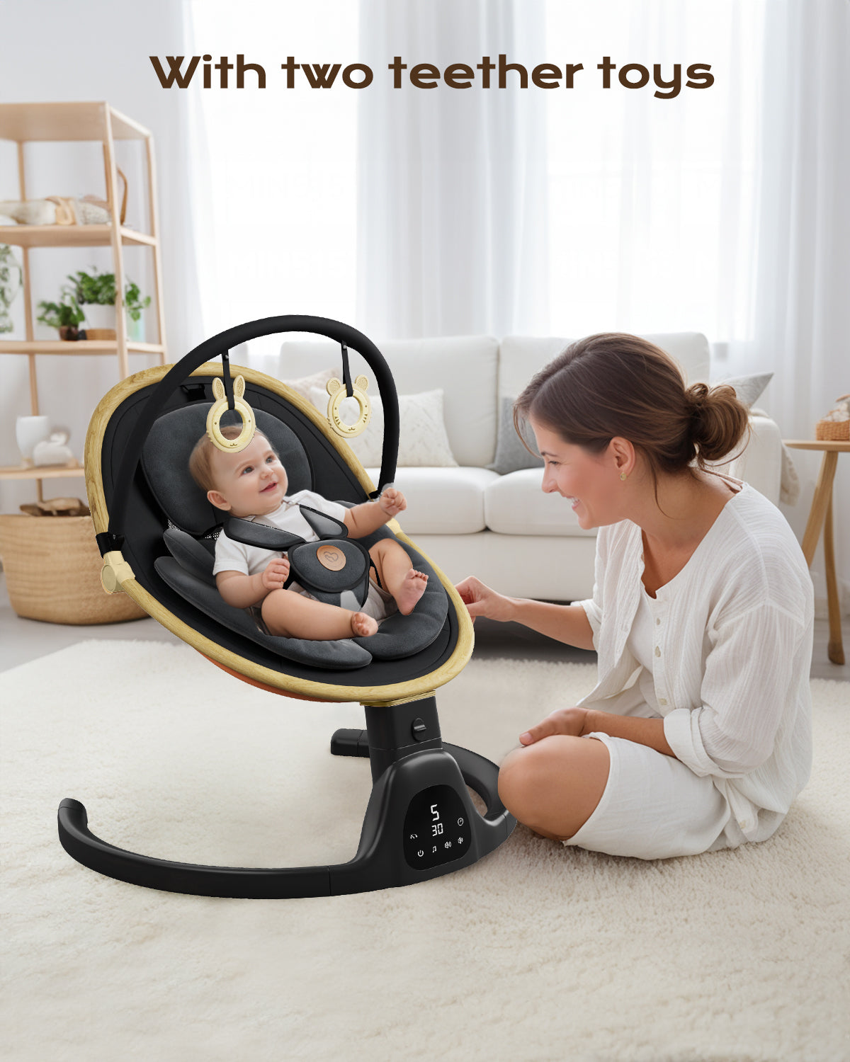 Baby Swing for Infants to Toddler Portable Babies Swing Timing Function 5 Swing Speeds Bluetooth Touch Screen Music Speaker with 10 Preset Lullabies 5-Point Carabiner White(BB2006))