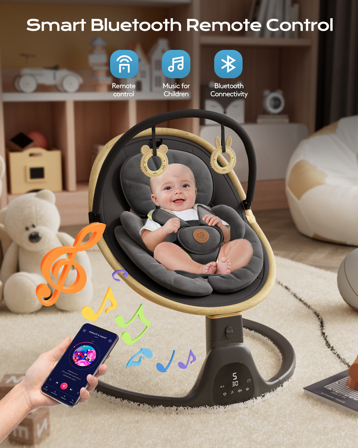 Baby Swing for Infants to Toddler Portable Babies Swing Timing Function 5 Swing Speeds Bluetooth Touch Screen Music Speaker with 10 Preset Lullabies 5-Point Carabiner White(BB2006))