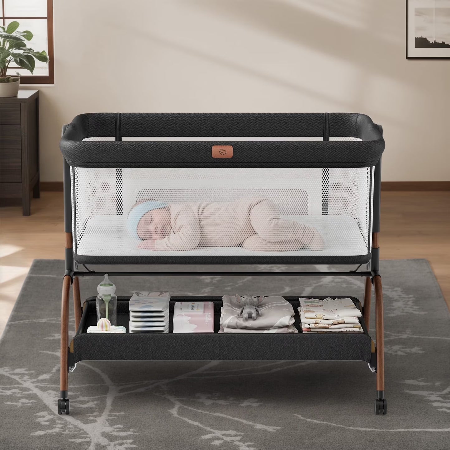 Baby Bassinet Bedside Crib, 3-in-1 Baby Bassinet Bedside Sleeper with Mattress and Soft, Breathable Sheet, Full-Mesh Sides, 6-Height Adjustable, Stable and Secure Crib for Newborns,Black&Beige