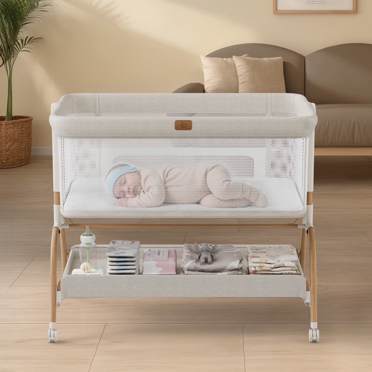 Baby Bassinet Bedside Crib, 3-in-1 Baby Bassinet Bedside Sleeper with Mattress and Soft, Breathable Sheet, Full-Mesh Sides, 6-Height Adjustable, Stable and Secure Crib for Newborns,Black&Beige