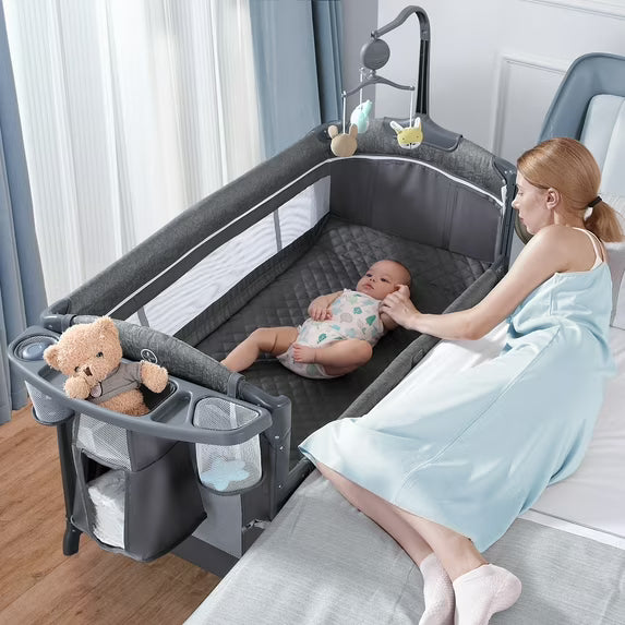 BabyBond  Unisex Infant Flat Bedside Sleeper Bassinet, Diaper Changing Table with Wheels and Floding Frame for 0-36 Mmonths Baby (Grey)