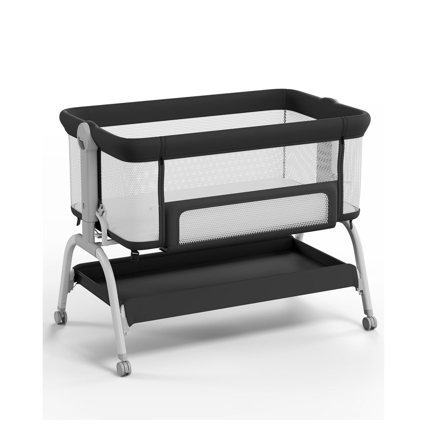 Babyomi 3 In 1 Baby Bassinet, Portable Playard With Storage Basket and Wheels, Adjustable Height Bassinet Bedside Sleeper, Easy Folding Portable Crib for Newborn, Pink,Grey&Black
