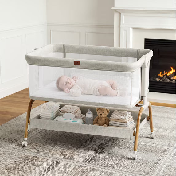Babyomi 3 In 1 Baby Bassinet, Portable Playard With Storage Basket and Wheels, Adjustable Height Bassinet Bedside Sleeper, Easy Folding Portable Crib for Newborn