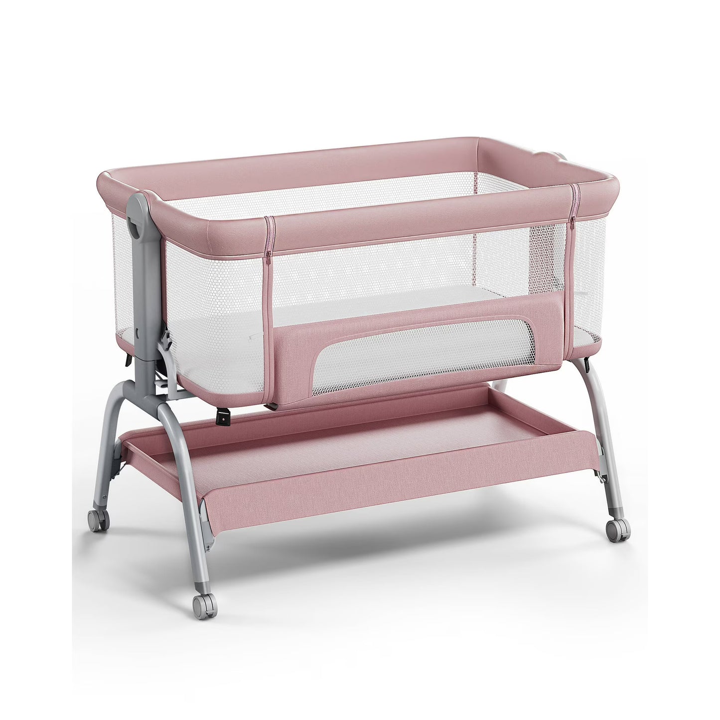 Babyomi 3 In 1 Baby Bassinet, Portable Playard With Storage Basket and Wheels, Adjustable Height Bassinet Bedside Sleeper, Easy Folding Portable Crib for Newborn, Pink,Grey&Black