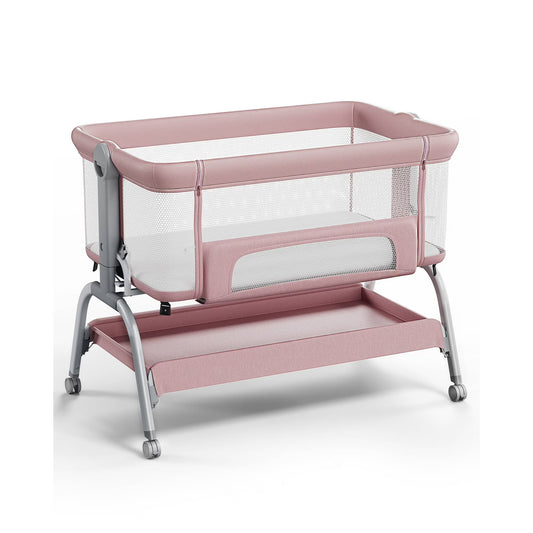 Babyomi 3 In 1 Baby Bassinet, Portable Playard With Storage Basket and Wheels, Adjustable Height Bassinet Bedside Sleeper, Easy Folding Portable Crib for Newborn, Pink,Grey&Black