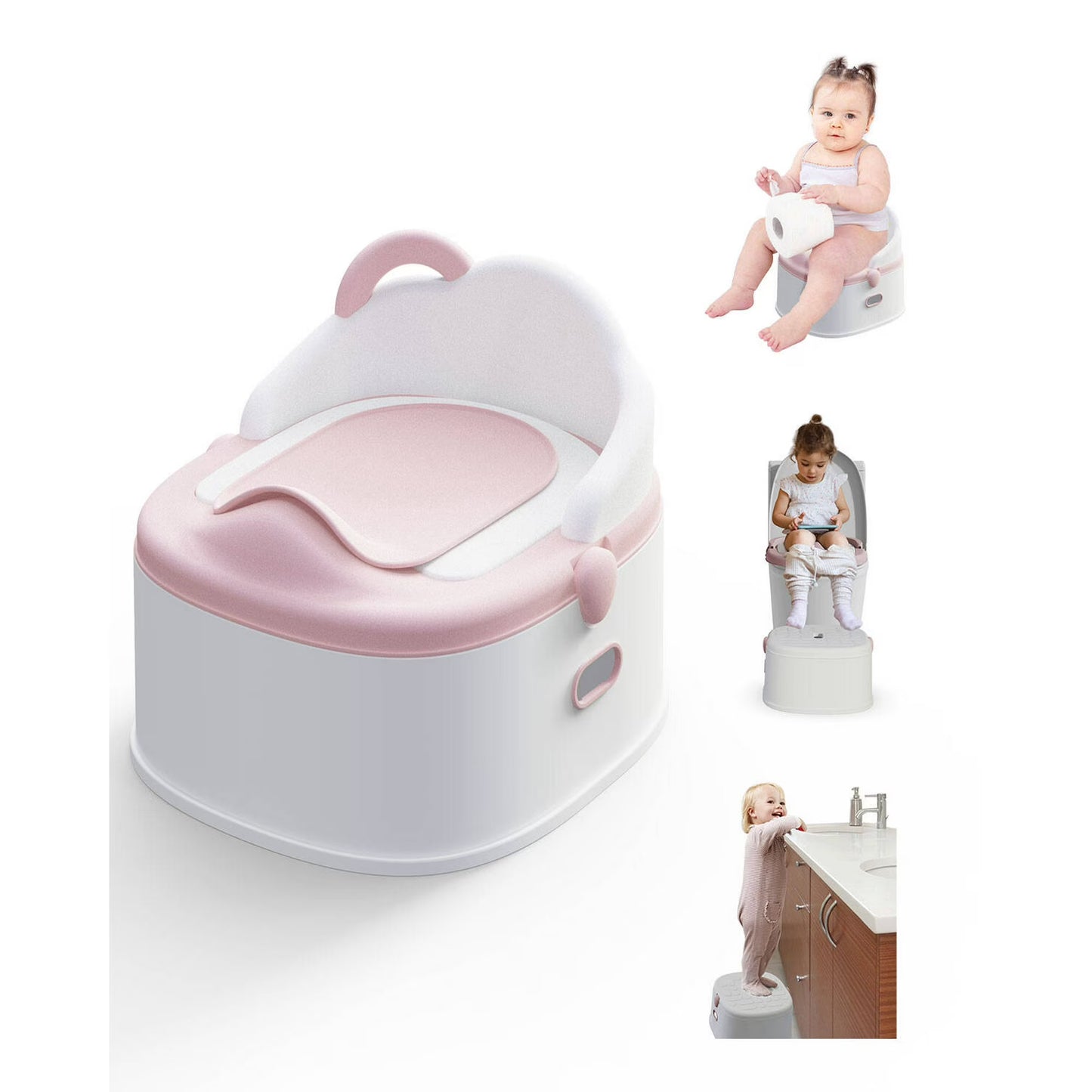 Babyomi 3 in-1 Potty Training Toilet with Standalone Potty & Potty Ring & Step Stool and Washable Liner and Lid,One-click Assembly, Easy to Clean,Grey&Pink