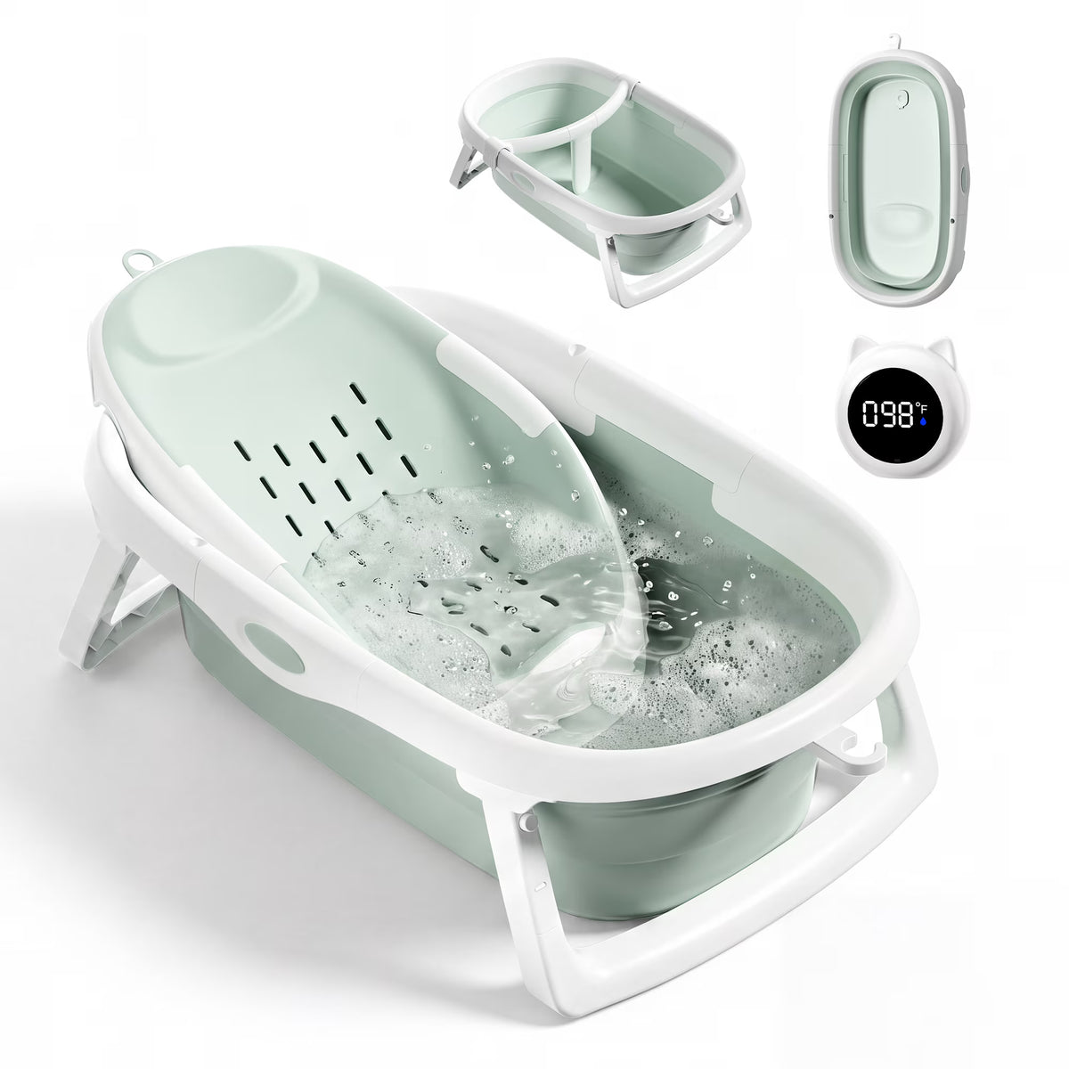 Babyomi 3-in-1 Reclining Baby Bathtub, Baby Tub for Newborns to Toddler with Removable Bath Seat & Backrest for Bath Support in Tub,Grow-with-Me, Green