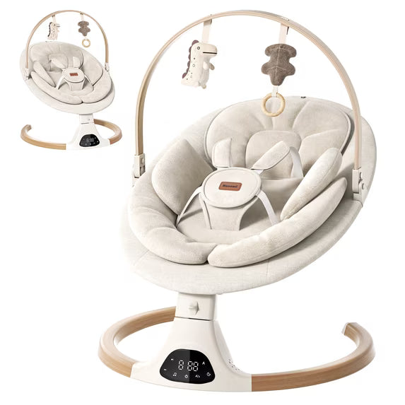Babyomi Baby Swing with Auto Rocking, Adjustable Recline & Speed, Remote Control, Timer, Bluetooth Music, Toy Bar & Secure 5-Point Harness for Infants.