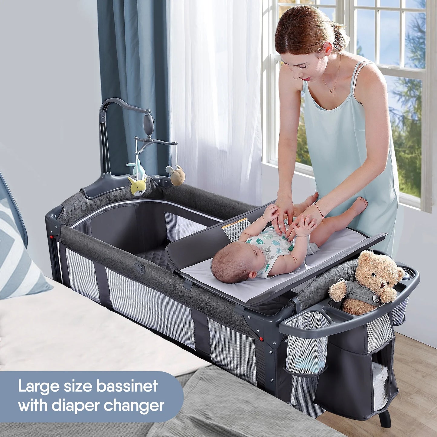 BabyBond  Unisex Infant Flat Bedside Sleeper Bassinet, Diaper Changing Table with Wheels and Floding Frame for 0-36 Mmonths Baby (Grey)