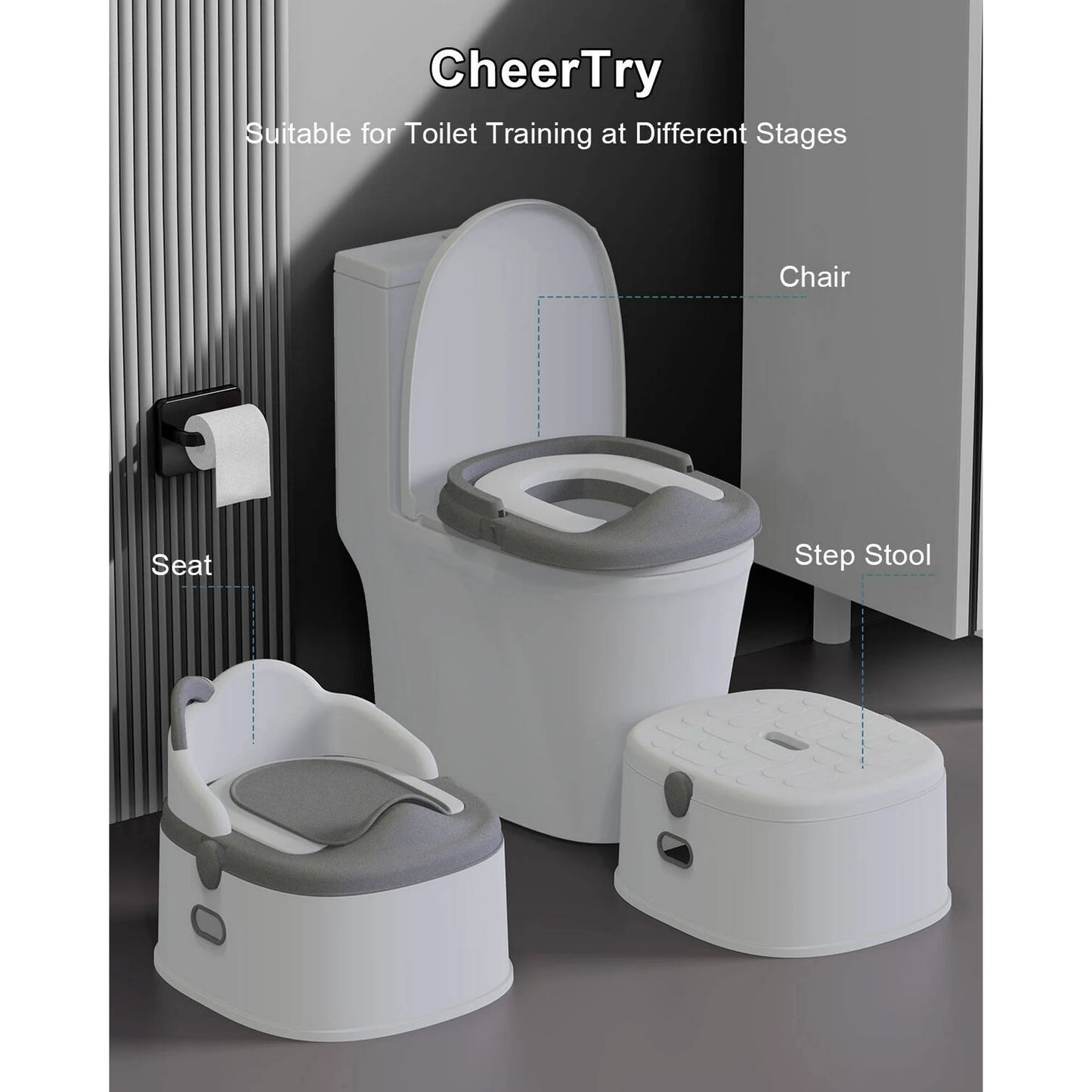 Babyomi 3 in-1 Potty Training Toilet with Standalone Potty & Potty Ring & Step Stool and Washable Liner and Lid,One-click Assembly, Easy to Clean,Grey&Pink