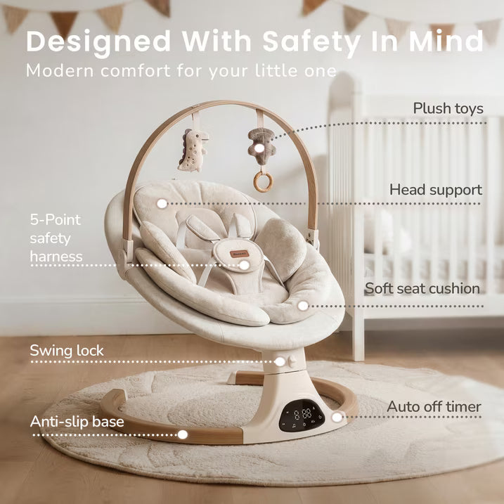 Babyomi Baby Swing with Auto Rocking, Adjustable Recline & Speed, Remote Control, Timer, Bluetooth Music, Toy Bar & Secure 5-Point Harness for Infants.