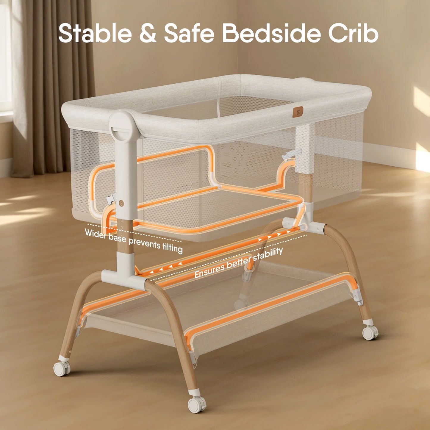 Baby Bassinet Bedside Crib, 3-in-1 Baby Bassinet Bedside Sleeper with Mattress and Soft, Breathable Sheet, Full-Mesh Sides, 6-Height Adjustable, Stable and Secure Crib for Newborns,Black&Beige