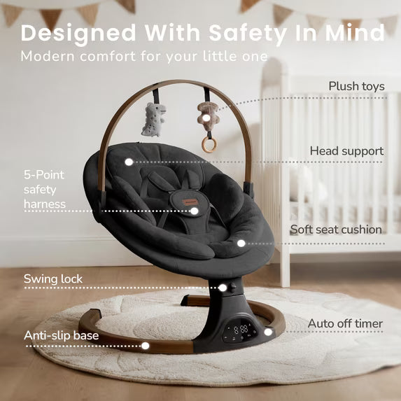 Babyomi Baby Swing with Auto Rocking, Adjustable Recline & Speed, Remote Control, Timer, Bluetooth Music, Toy Bar & Secure 5-Point Harness for Infants.