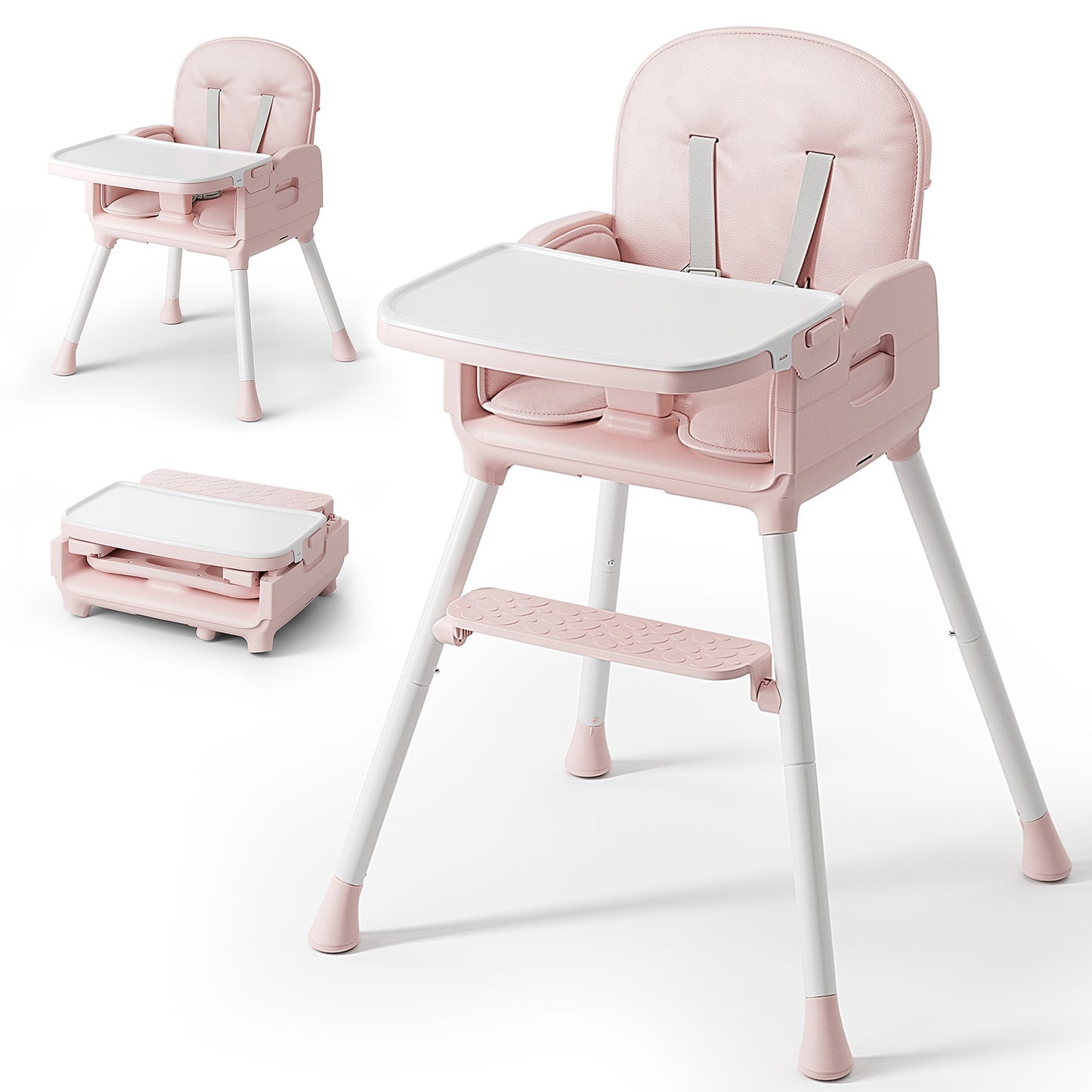 Obee Odee 3-in-1 Portable Baby High Chair for Babies and Toddlers, Convertible Easy Clean Infant Foldable Highchair with Adjustable Legs & Dishwasher Safe Tray, Grey