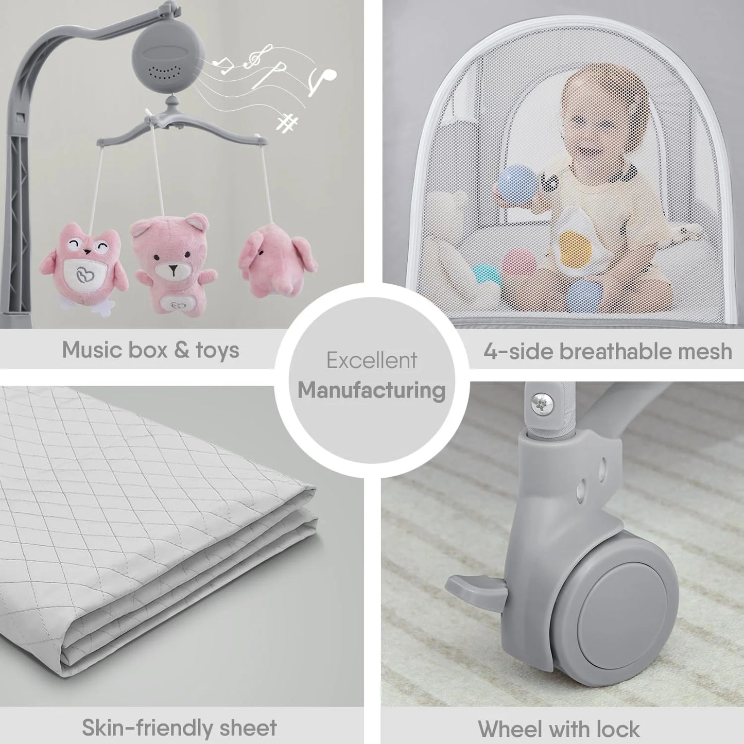ADOVEL Baby Bassinet Bedside Crib, Pack and Play with Mattress, Diaper Changer and Playards from Newborn to Toddles,Pink, grey &Blue