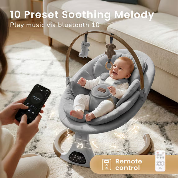 Babyomi Baby Swing with Auto Rocking, Adjustable Recline & Speed, Remote Control, Timer, Bluetooth Music, Toy Bar & Secure 5-Point Harness for Infants.