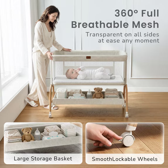 Babyomi 3 In 1 Baby Bassinet, Portable Playard With Storage Basket and Wheels, Adjustable Height Bassinet Bedside Sleeper, Easy Folding Portable Crib for Newborn