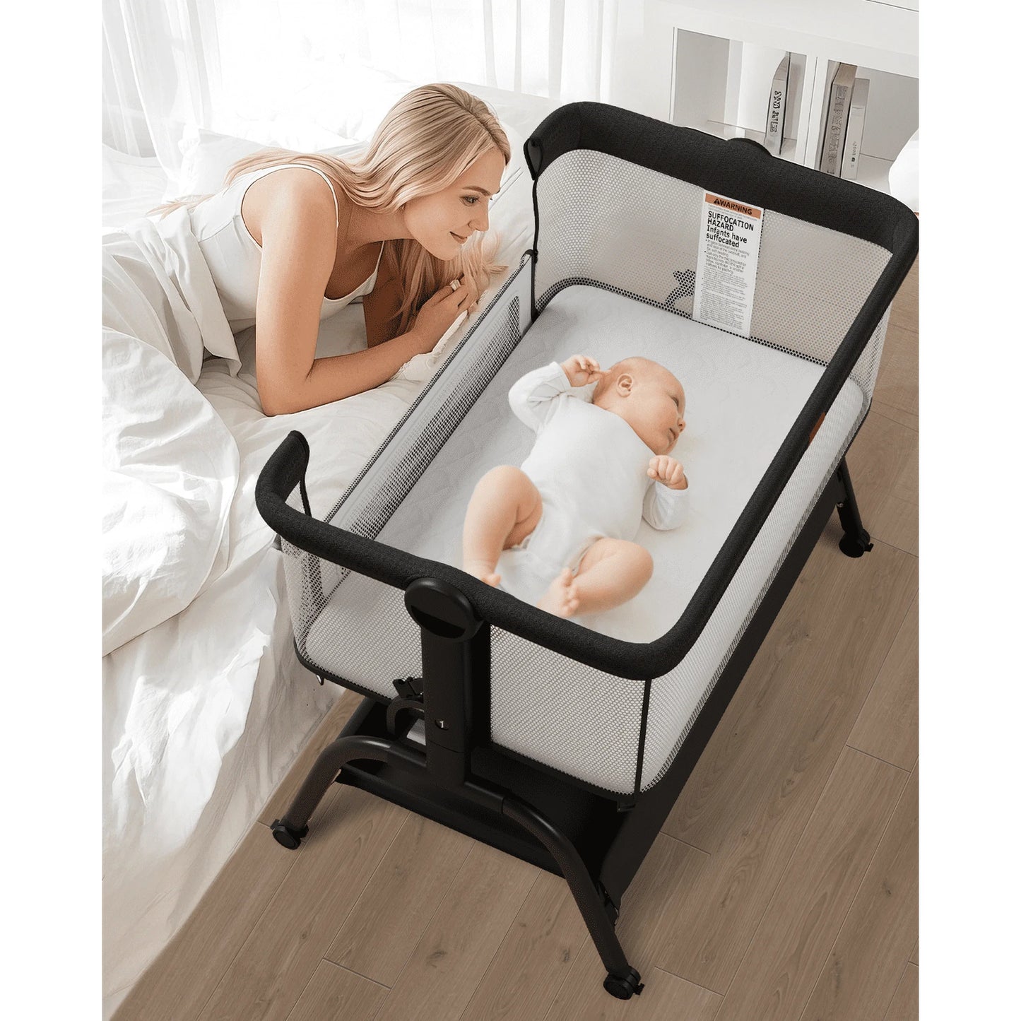 Babyomi 3 In 1 Baby Bassinet, Portable Playard With Storage Basket and Wheels, Adjustable Height Bassinet Bedside Sleeper, Easy Folding Portable Crib for Newborn, Pink,Grey&Black