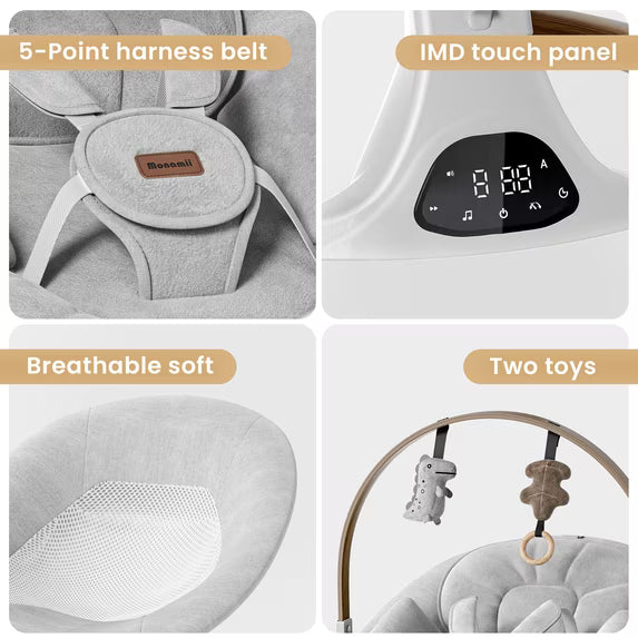 Babyomi Baby Swing with Auto Rocking, Adjustable Recline & Speed, Remote Control, Timer, Bluetooth Music, Toy Bar & Secure 5-Point Harness for Infants.