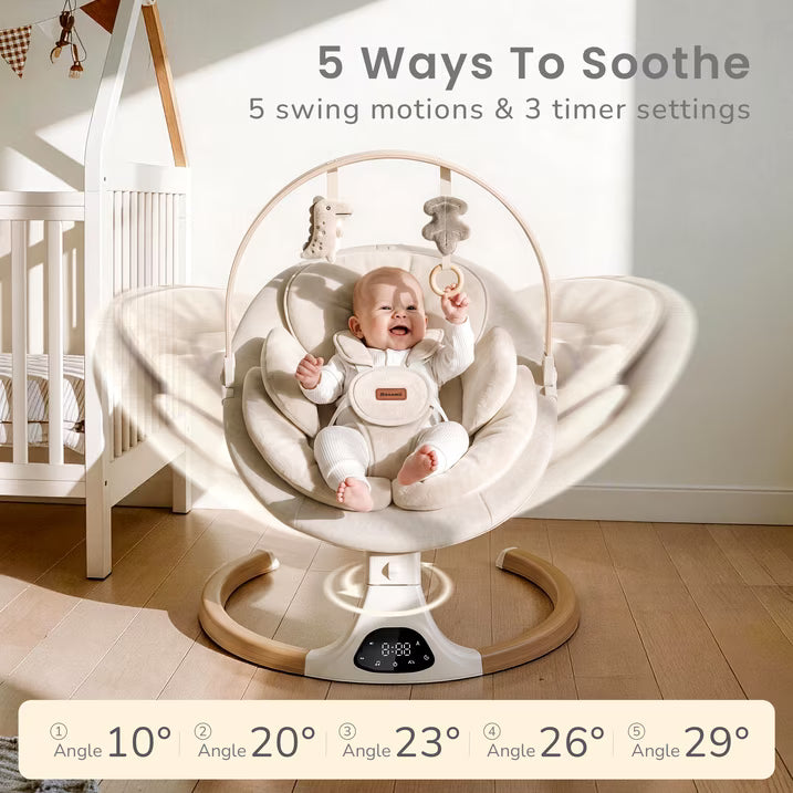 Babyomi Baby Swing with Auto Rocking, Adjustable Recline & Speed, Remote Control, Timer, Bluetooth Music, Toy Bar & Secure 5-Point Harness for Infants.