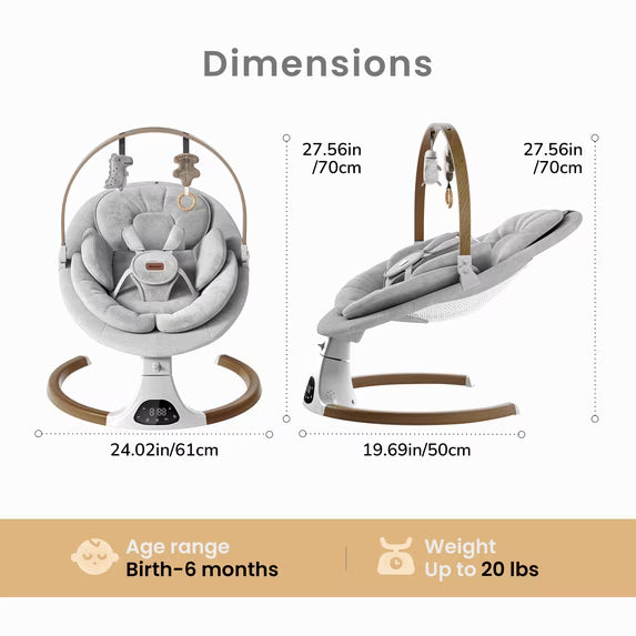 Babyomi Baby Swing with Auto Rocking, Adjustable Recline & Speed, Remote Control, Timer, Bluetooth Music, Toy Bar & Secure 5-Point Harness for Infants.