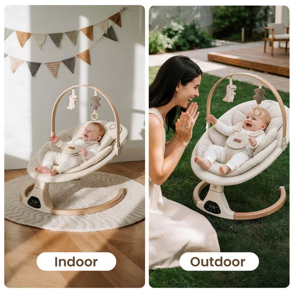 Babyomi Baby Swing with Auto Rocking, Adjustable Recline & Speed, Remote Control, Timer, Bluetooth Music, Toy Bar & Secure 5-Point Harness for Infants.