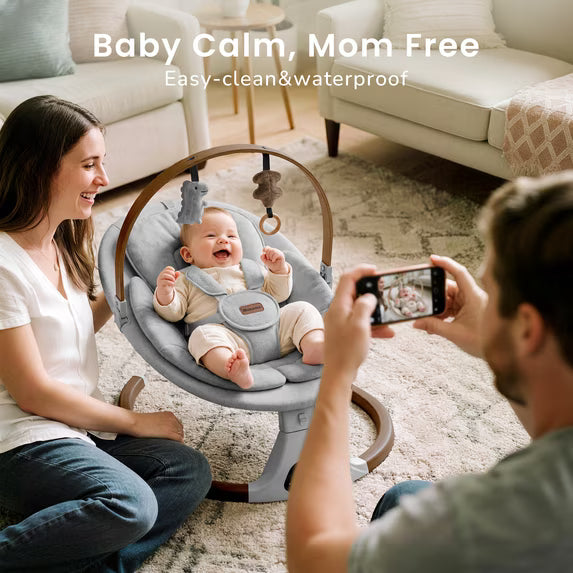Babyomi Baby Swing with Auto Rocking, Adjustable Recline & Speed, Remote Control, Timer, Bluetooth Music, Toy Bar & Secure 5-Point Harness for Infants.