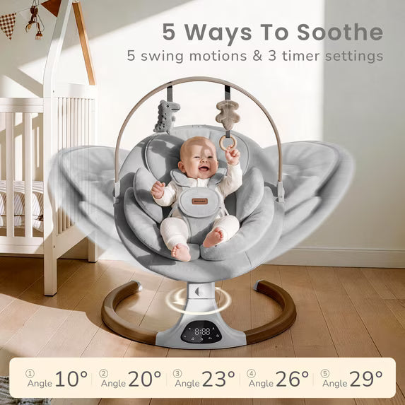Babyomi Baby Swing with Auto Rocking, Adjustable Recline & Speed, Remote Control, Timer, Bluetooth Music, Toy Bar & Secure 5-Point Harness for Infants.